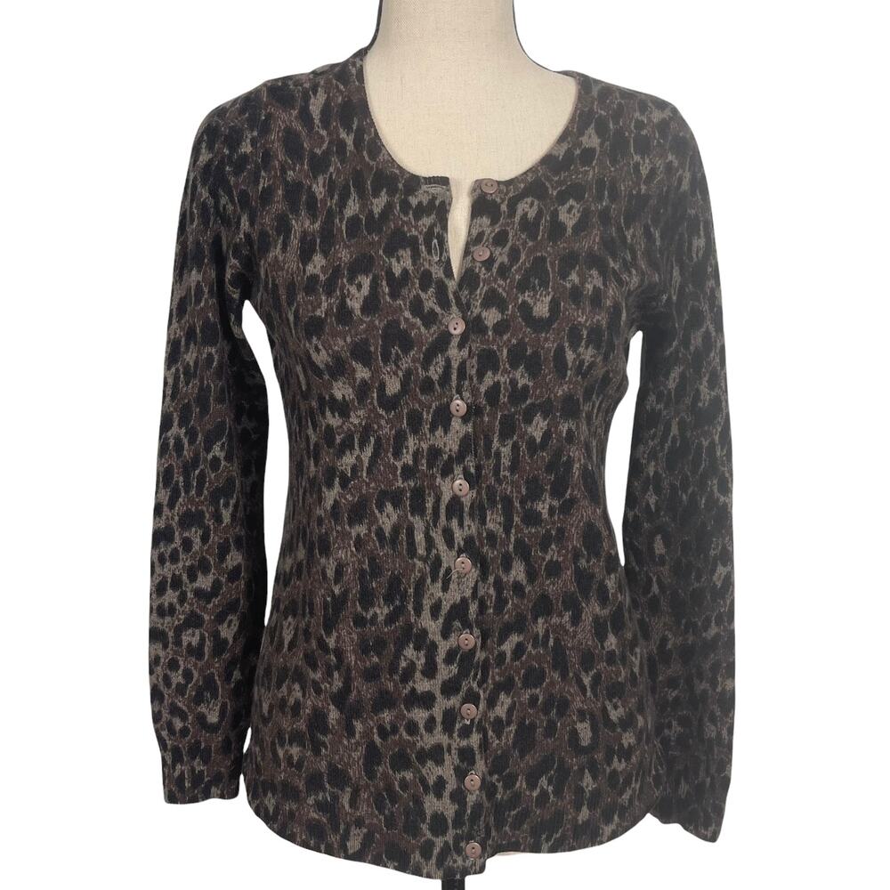 C by Bloomingdale's 2-Ply Cashmere Leopard Print Cardigan Size Small